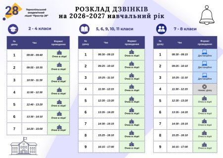 Розклад дзвінків на 2026-2027 навчальний рік